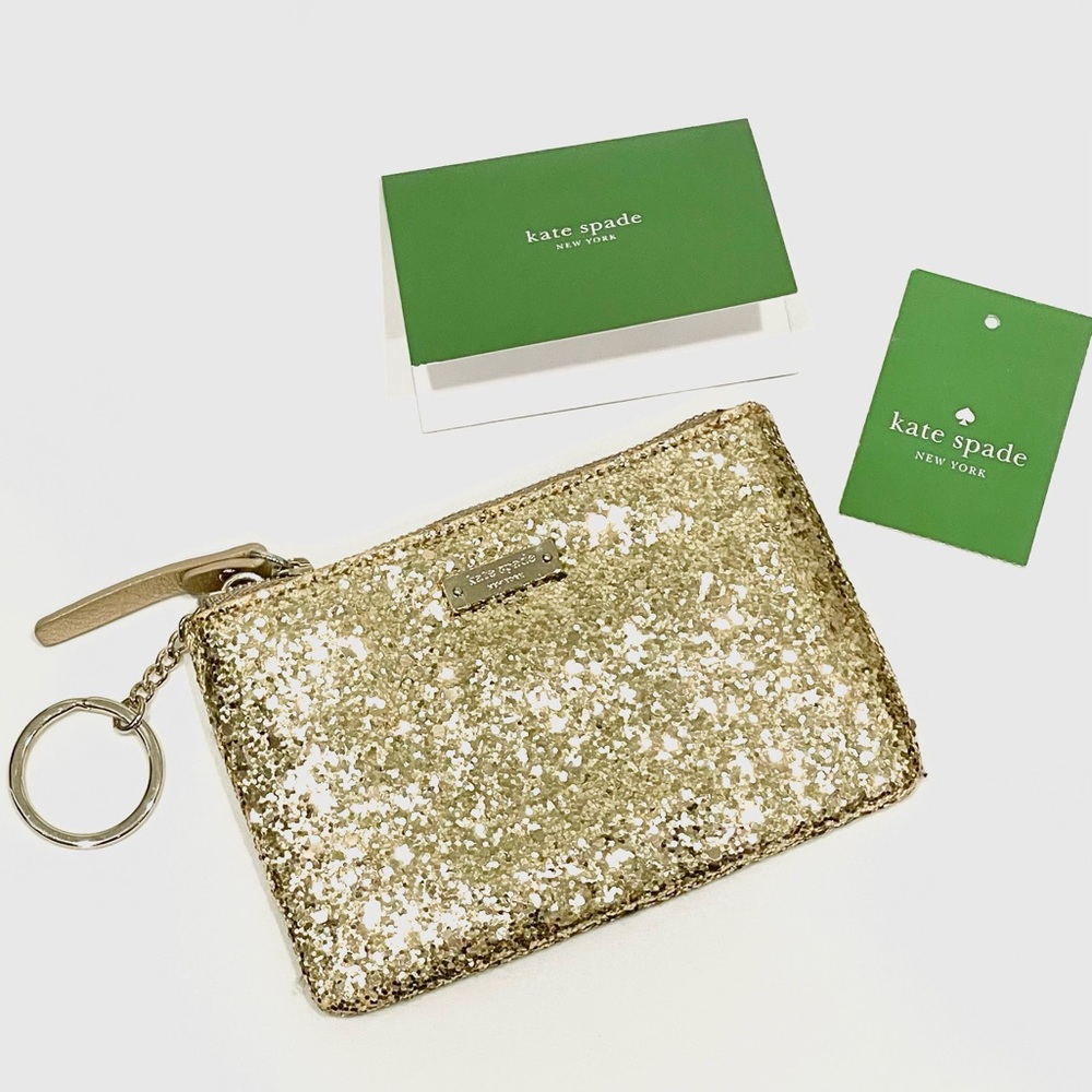 NWT kate spade Small Gold GIA Glitter Sequin ZipTop Pouch Wallet Keychain NEW